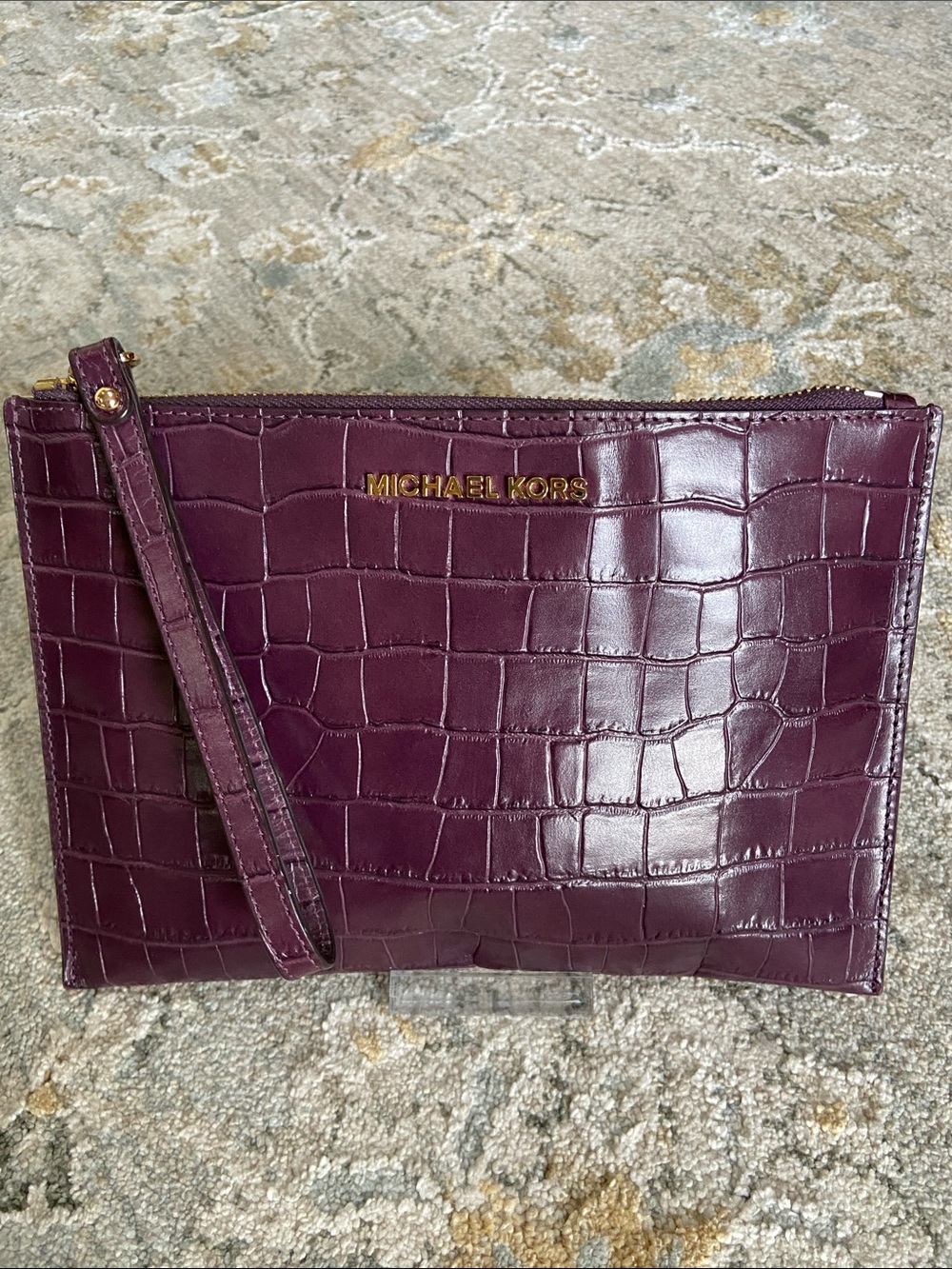 Michael Kors Damson (plum colored) Croc-Embossed Leather Wristlet Clutch